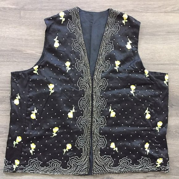 Handmade Embroidered Beaded Plus Size 22-24 Black Vest Pearl Beads Yellow Flower - Picture 1 of 7